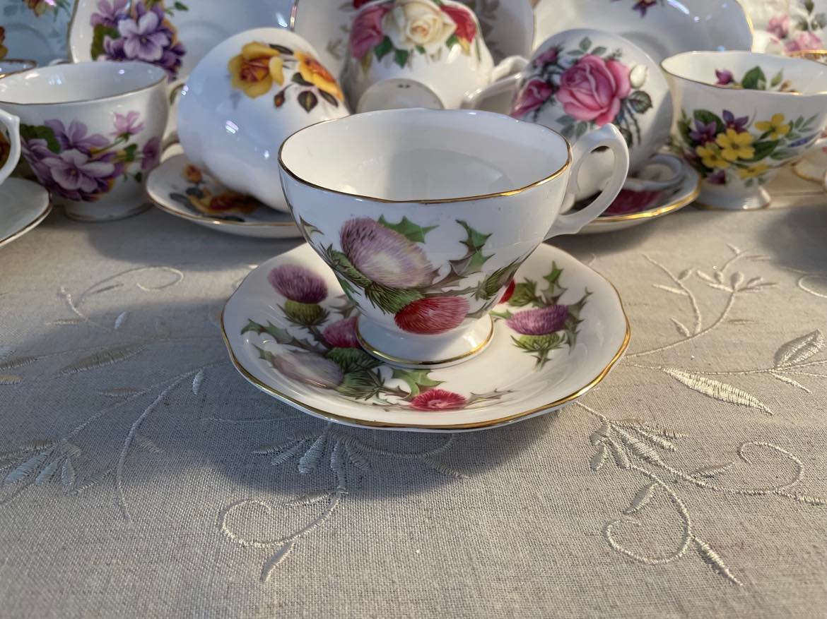 Queen Anne Blue Thistle Flower Teacup And Saucer