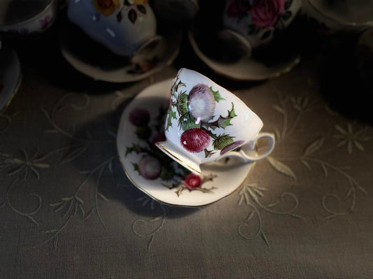 Queen Anne Blue Thistle Flower Teacup And Saucer